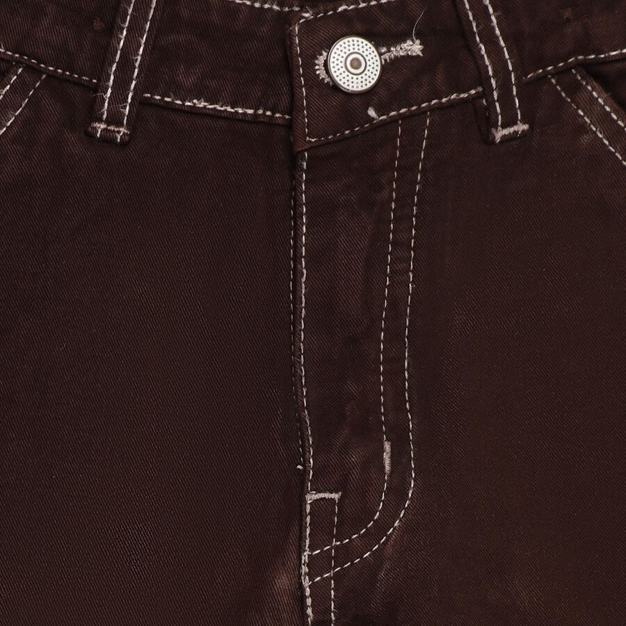 Girls' 100% Cotton Buttoned Jeans, Brown, large image number null
