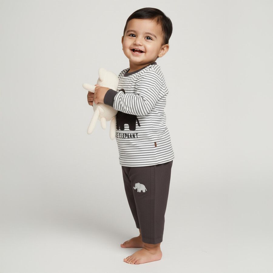 Infants White and Charcoal Grey Cotton Elephant Printed Baba Suit, Charcoal, large image number null