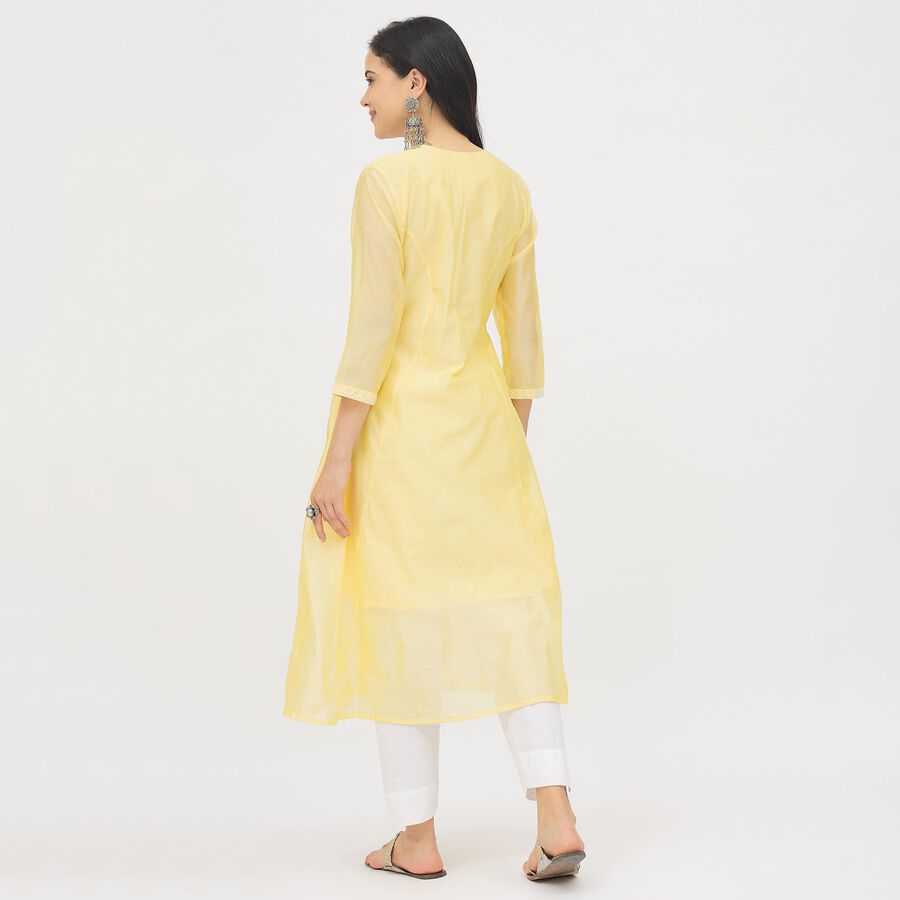 Women's Bright Lemon Yellow V-Neck Embroidered Flared Kurta, Yellow, large image number null