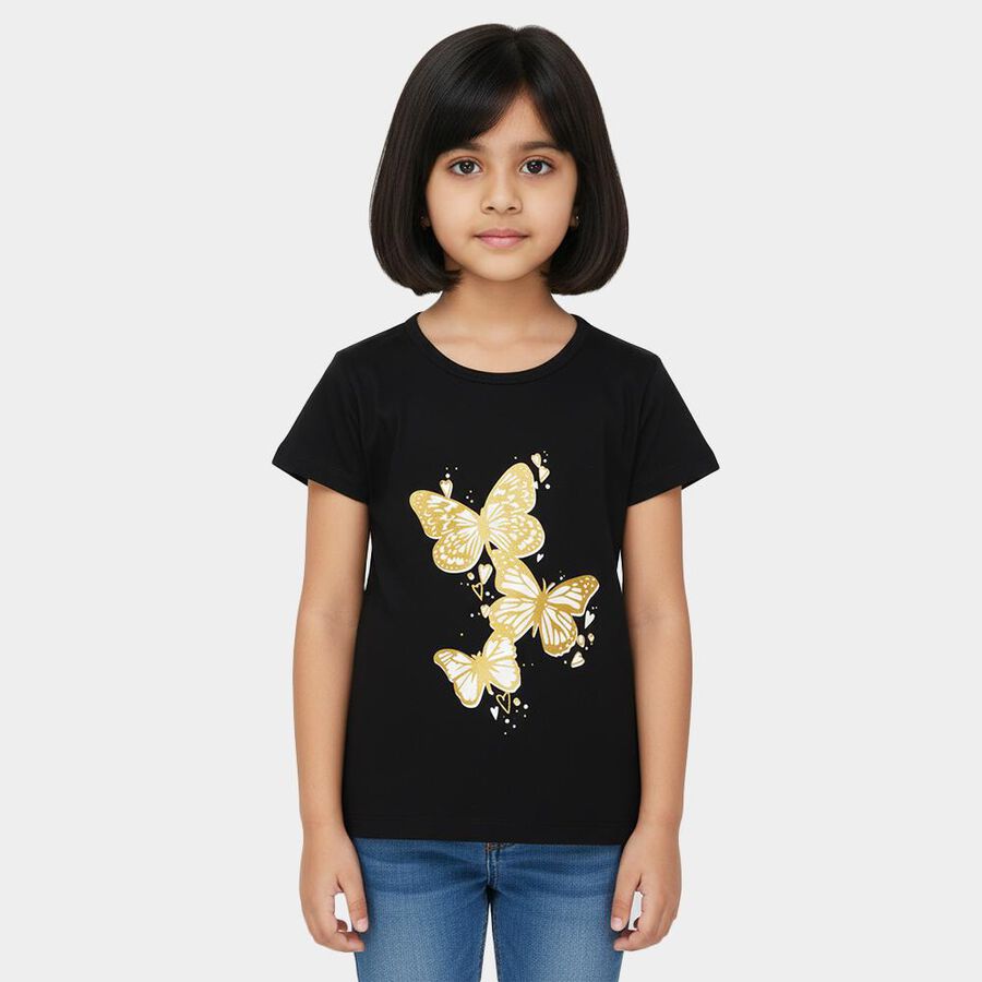 Girls' Black Cotton Round Neck Butterfly Printed T-Shirt, Black, large