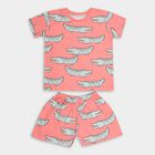 Boys Bright Coral Pink Cotton Round Neck Cartoon Print Night Suit, लाल, small image number null