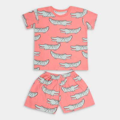 Boys Bright Coral Pink Cotton Round Neck Cartoon Print Night Suit