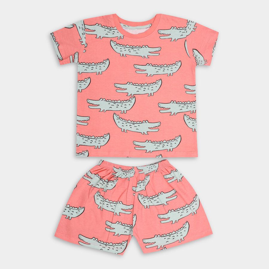 Boys Bright Coral Pink Cotton Round Neck Cartoon Print Night Suit, लाल, large image number null