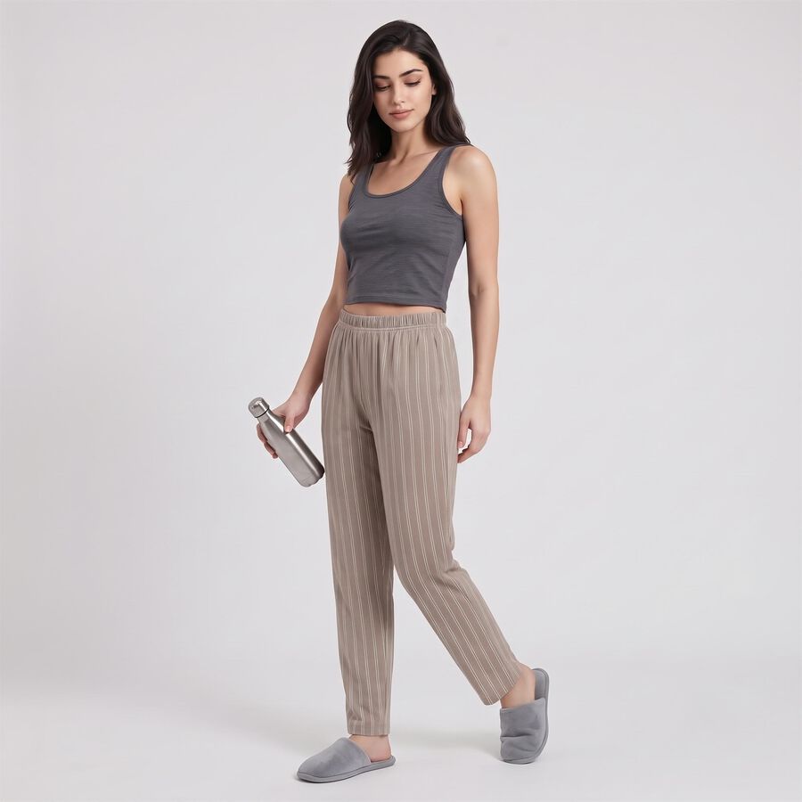 Women's Grey Straight Fit Striped Lounge Pyjama, हल्का ग्रे, large