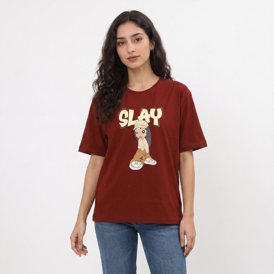 Women's Rust Cotton Round Neck Regular T-Shirt, रस्ट, large