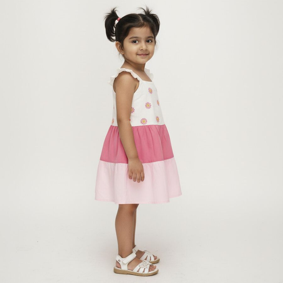 Girls' Pink and White Floral Printed Tiered Casual Frock, Light Pink, large image number null