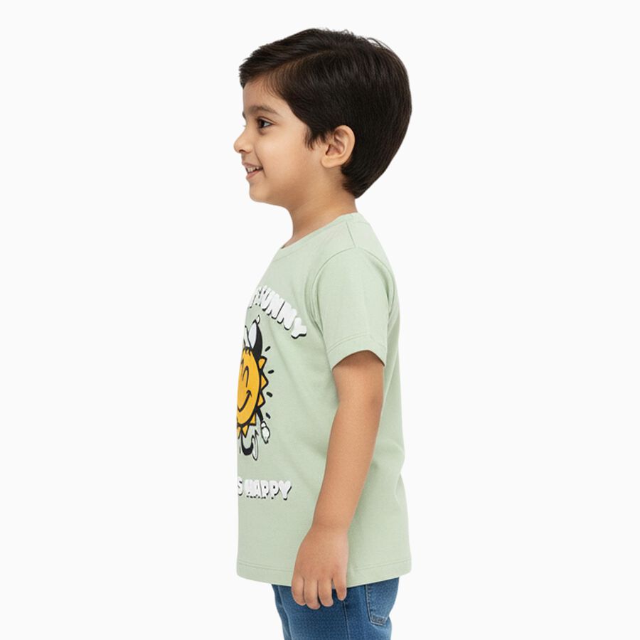 Boys Light Sage Green Cotton Round Neck Casual T-Shirt, Light Green, large image number null