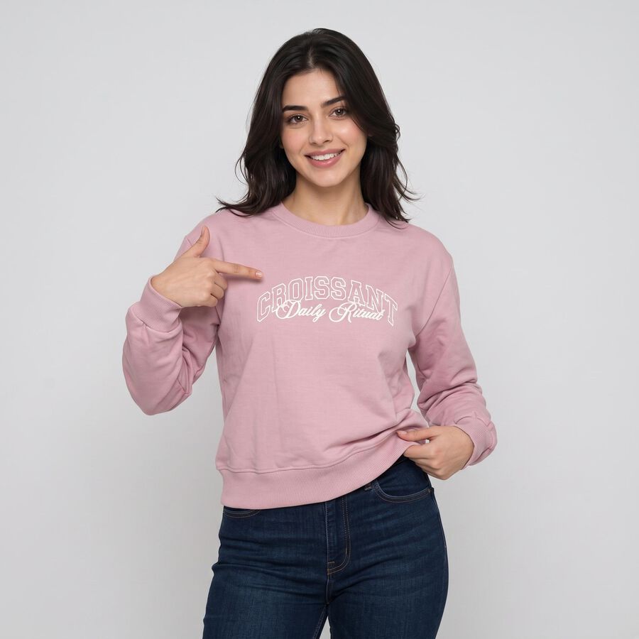 Women's Lilac Crew Neck Graphic Print Pullover Sweatshirt, लाइलेक, large