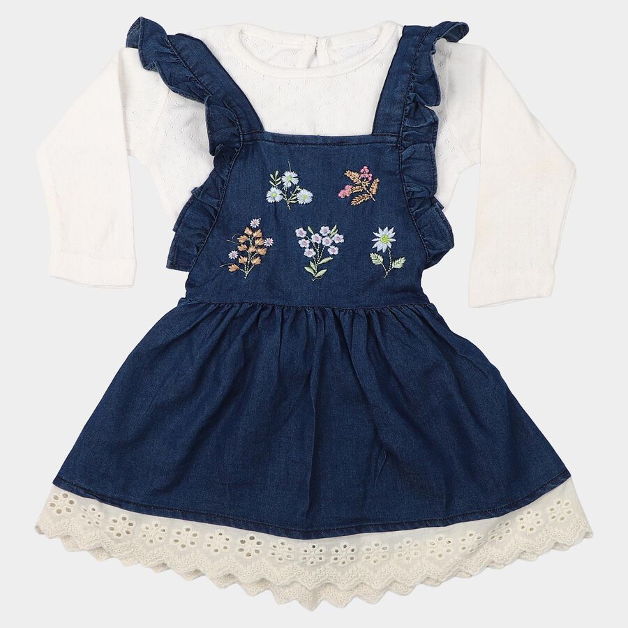 Infants' Navy Blue Fit and Flare Embroidered Ruffle Strap Frock, मध्यम नीला, large