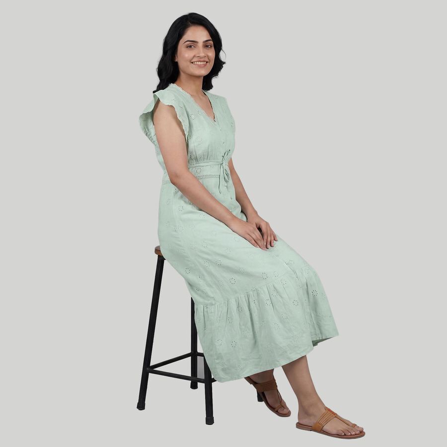 Women's Light Green Cotton Round Neck Floral Print Ruffle Sleeve Dress, Light Green, large