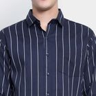 Cotton Stripes Casual Shirt, Navy Blue, small image number null