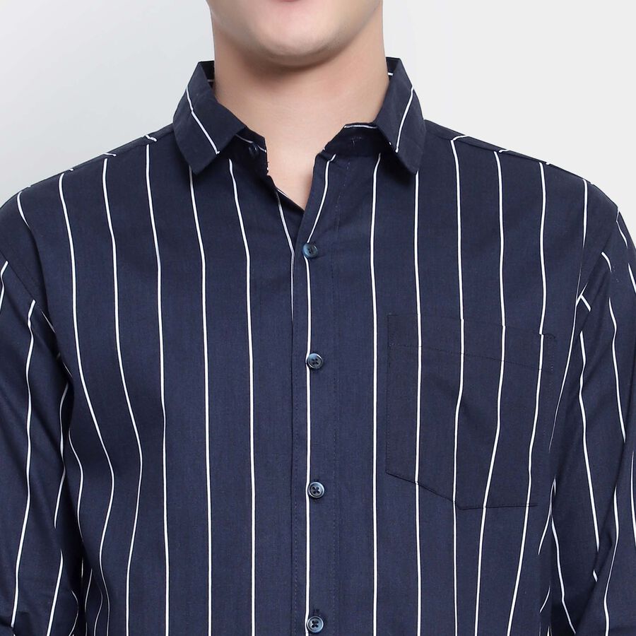 Cotton Stripes Casual Shirt, Navy Blue, large image number null