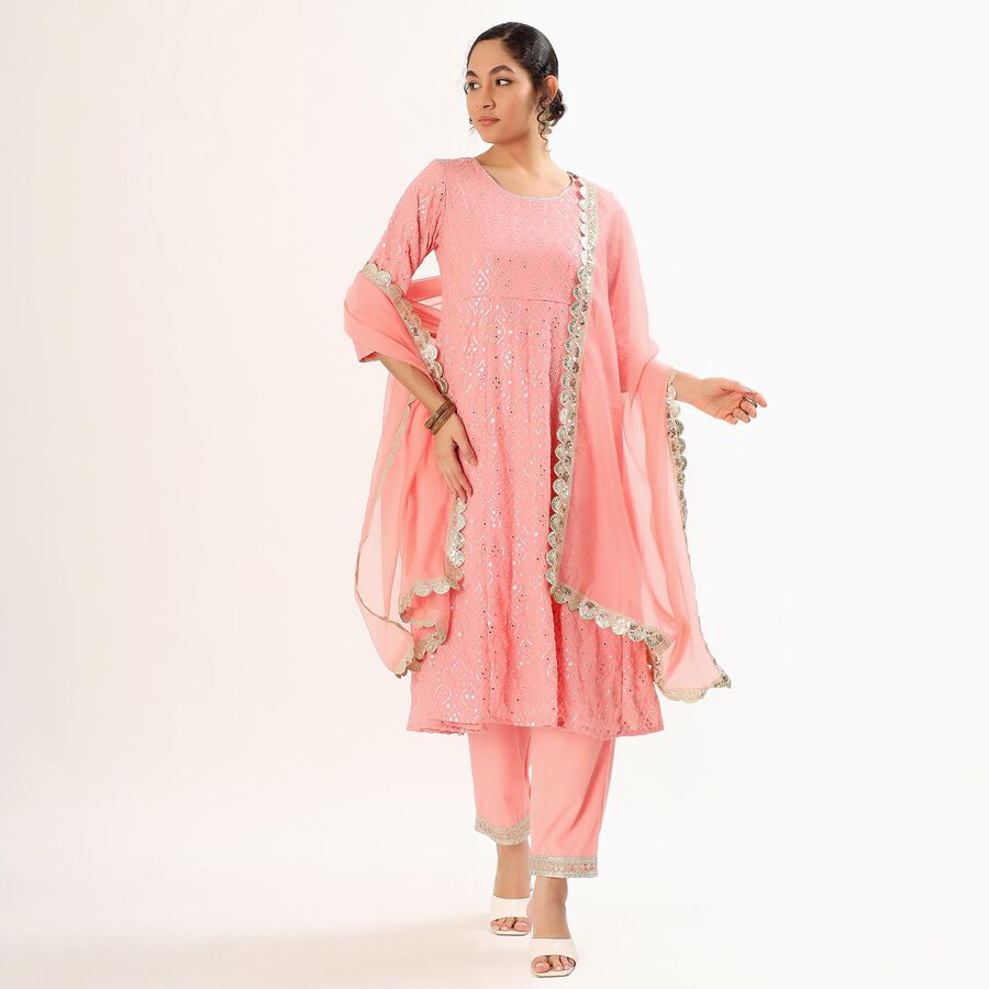 Women's Soft Peach Pink Round Neck Embroidered Anarkali Kurta, Light Pink, large image number null