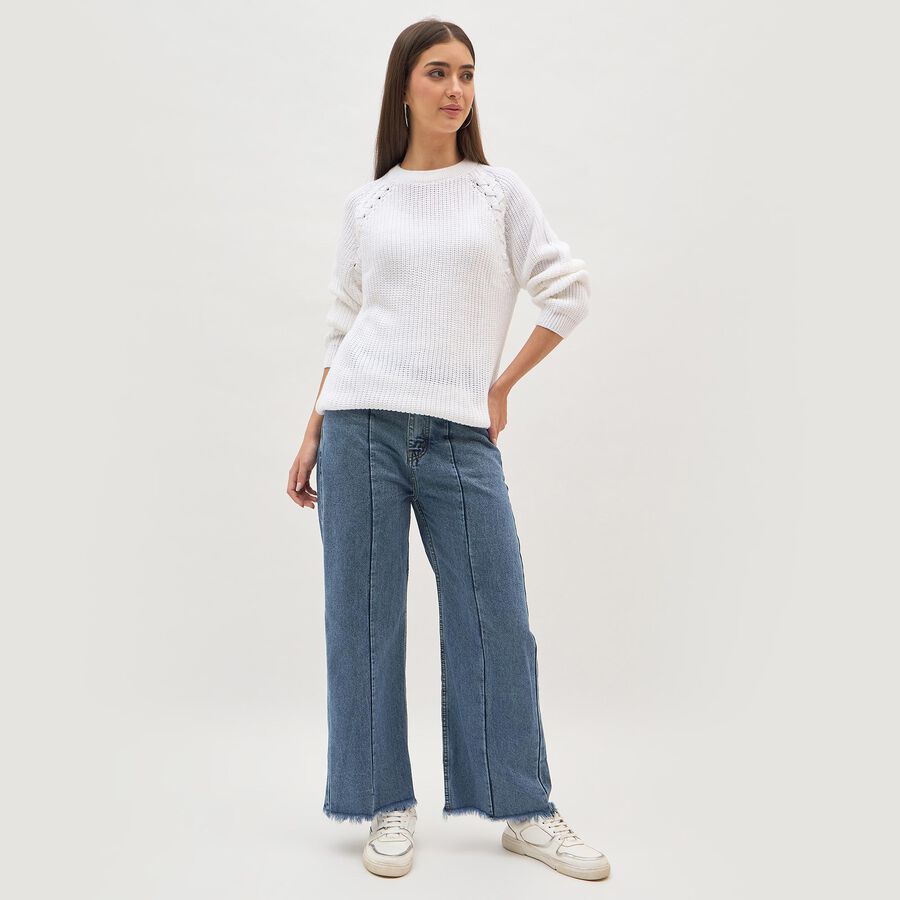 Women's Snow White Crew Neck Casual Pullover, सफ़ेद, large image number null