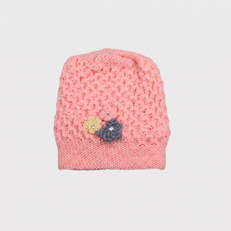 Women's Pink Floral Embellished Beanie Cap, हल्का गुलाबी, large