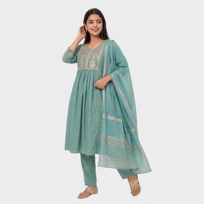 Women's Light Green Embroidered Ethnic Set