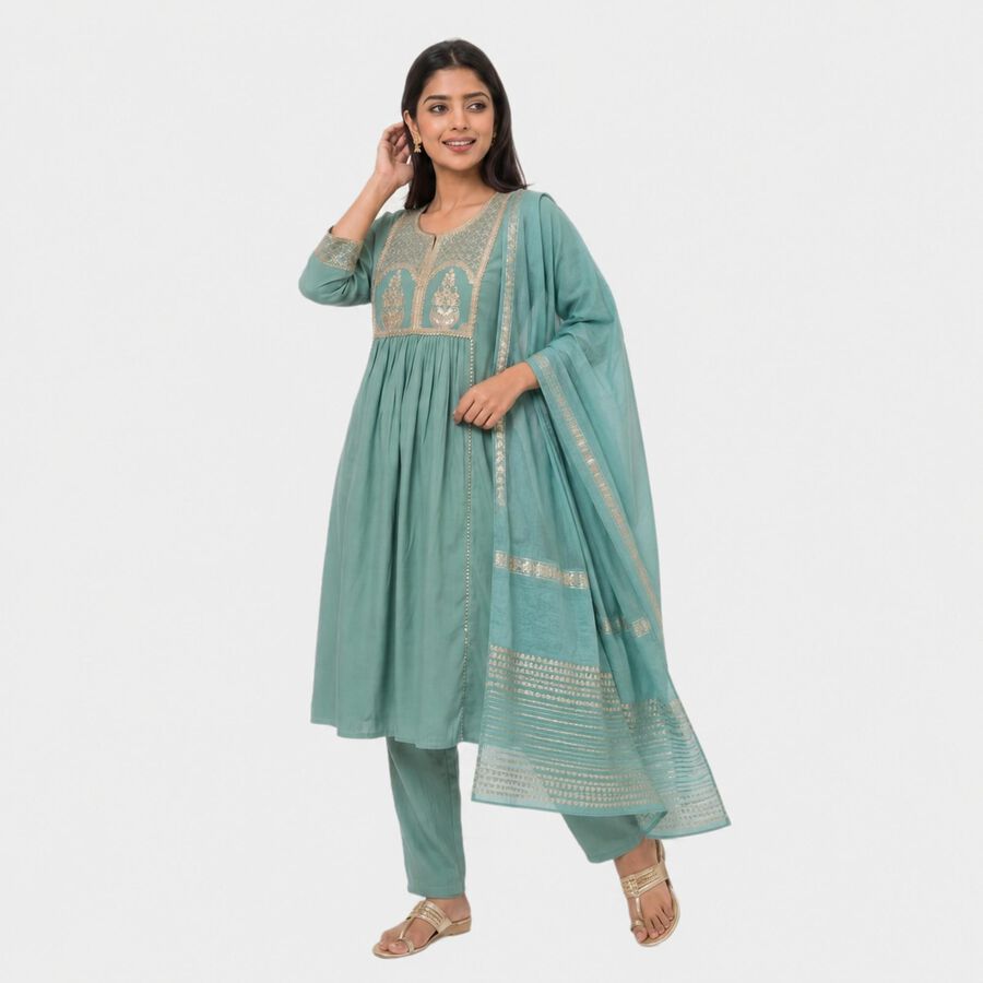 Women's Light Green Embroidered Ethnic Set, हल्का हरा, large