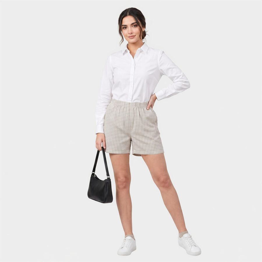 Women's Beige Regular Fit Checked Shorts, Beige, large