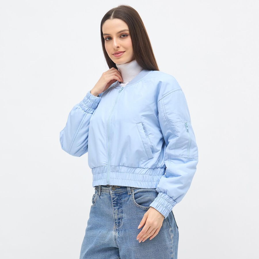 Women's Light Powder Blue Crew Casual Bomber Jacket, हल्का नीला, large image number null