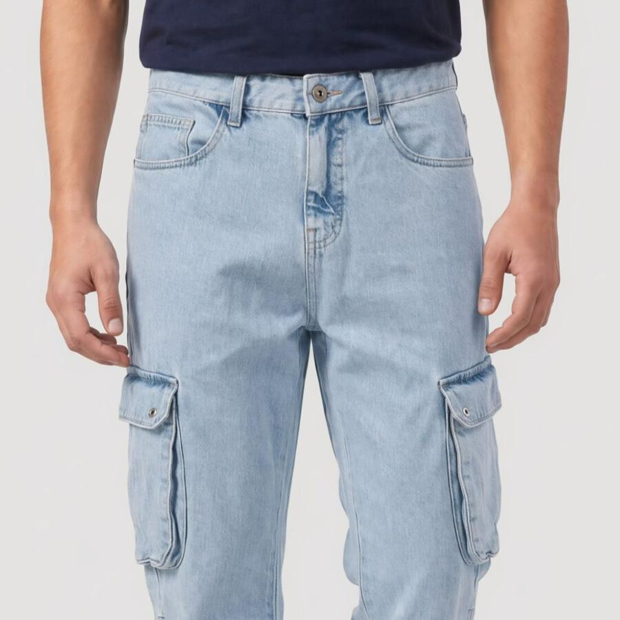 Men's Light Blue Cargo Fit Washed Jeans, हल्का नीला, large