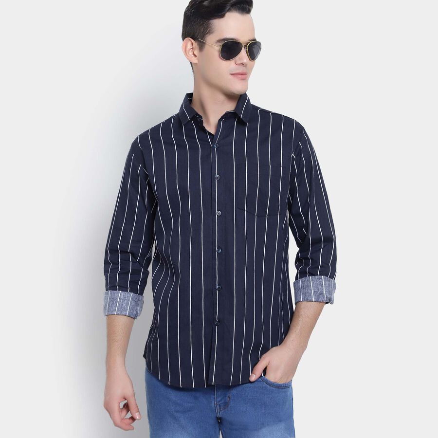 Cotton Stripes Casual Shirt, Navy Blue, large image number null