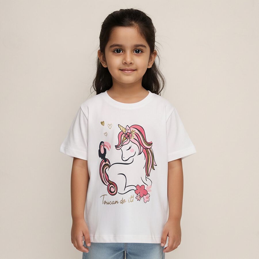 Girls Bright Snow White Cotton Round Neck Casual T-Shirt, White, large image number null