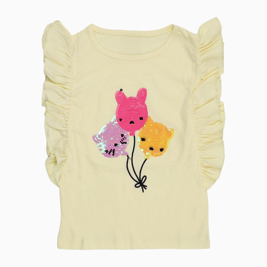 Girls Light Yellow Cotton Round Neck Casual T-Shirt, पीला, large image number null