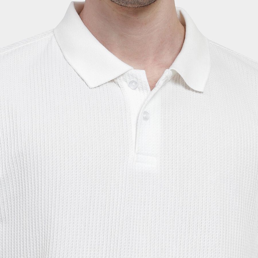 Men's White Polo Neck Textured T-Shirt, Off White, large image number null