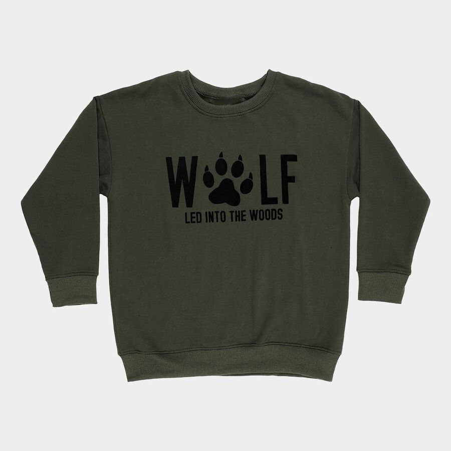Boys Olive Green Crew Neck Graphic Sweatshirt, ओलिव, large image number null