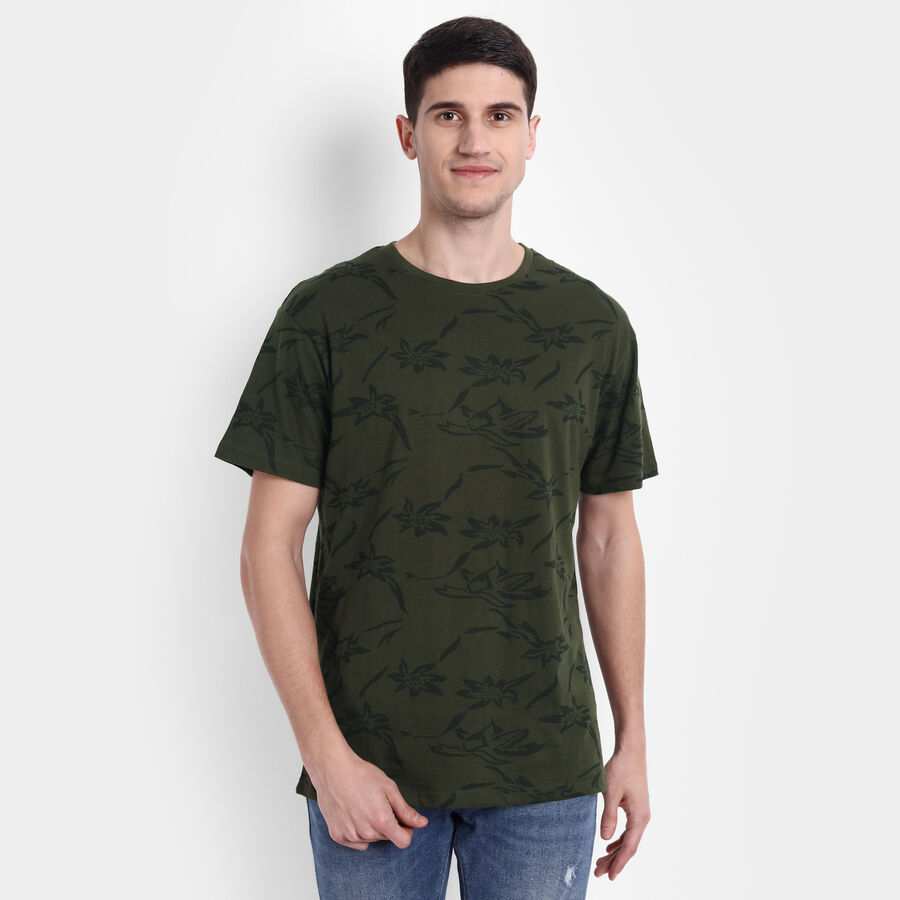 Printed Round Neck T-Shirt, Olive, large image number null
