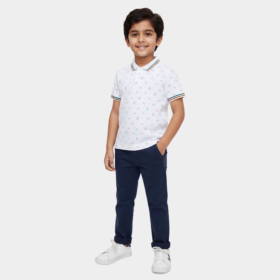 Boys' White Cotton Polo Collar Printed T-Shirt, सफ़ेद, large