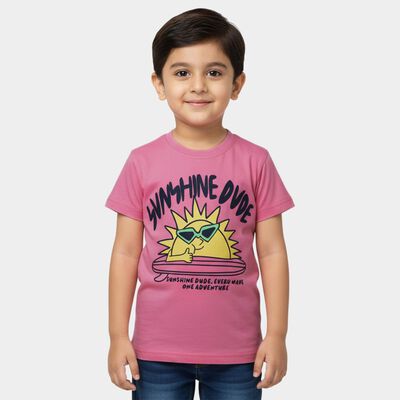 Boys Pink Cotton Round Neck Graphic T-Shirt
