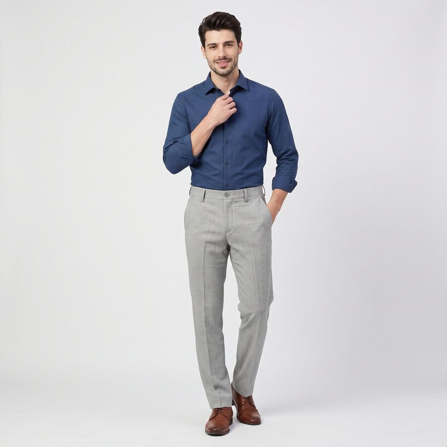 Men's Grey Flat-Front Formal Trousers, Light Grey, large