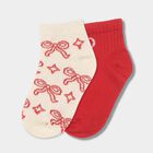 Girls' Bright Red and Cream Regular Fit Bow Pattern Pack of 2 Socks, Red, small image number null