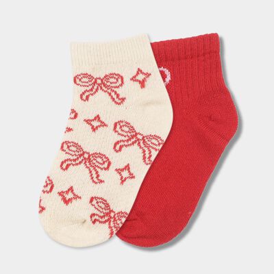 Girls' Bright Red and Cream Regular Fit Bow Pattern Pack of 2 Socks
