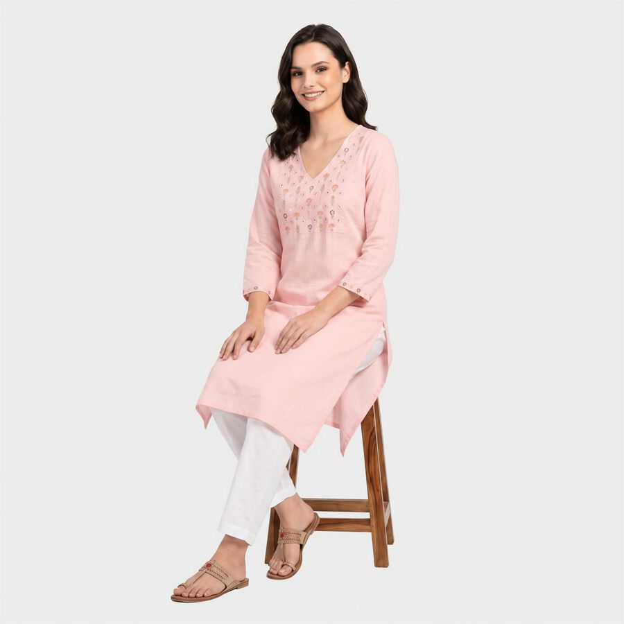 Women's Pink V-Neck Embroidered Kurta, गुलाबी, large