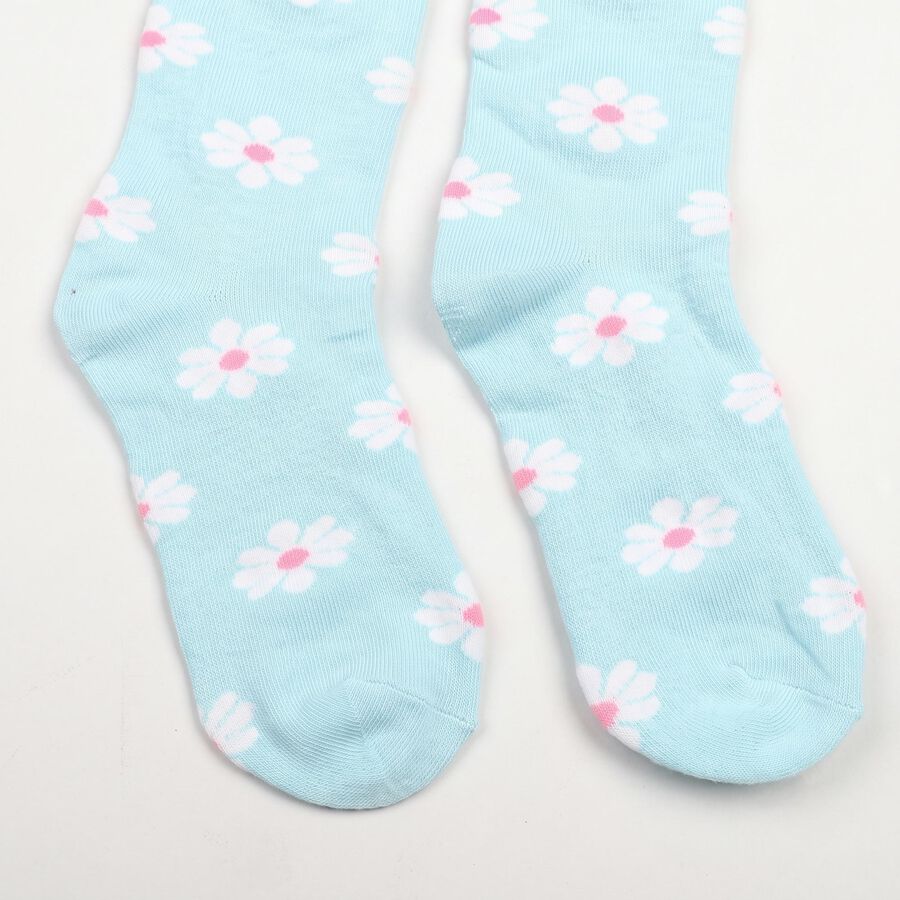 Women's Light Blue Regular Fit Floral Crew Socks, Mid Blue, large