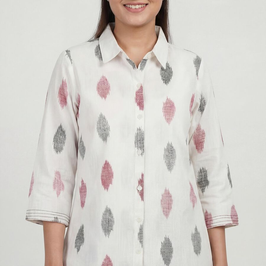 Women's White Cotton Notch Neck Floral Printed Kurti, Off White, large