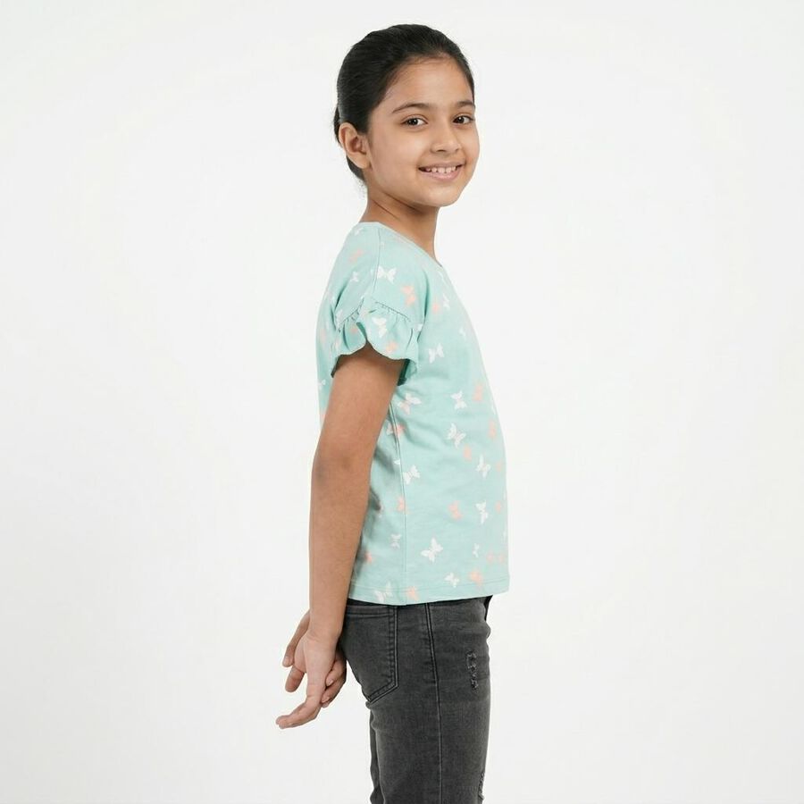 Girls' Light Green Cotton Round Neck Casual T-Shirt, हल्का हरा, large