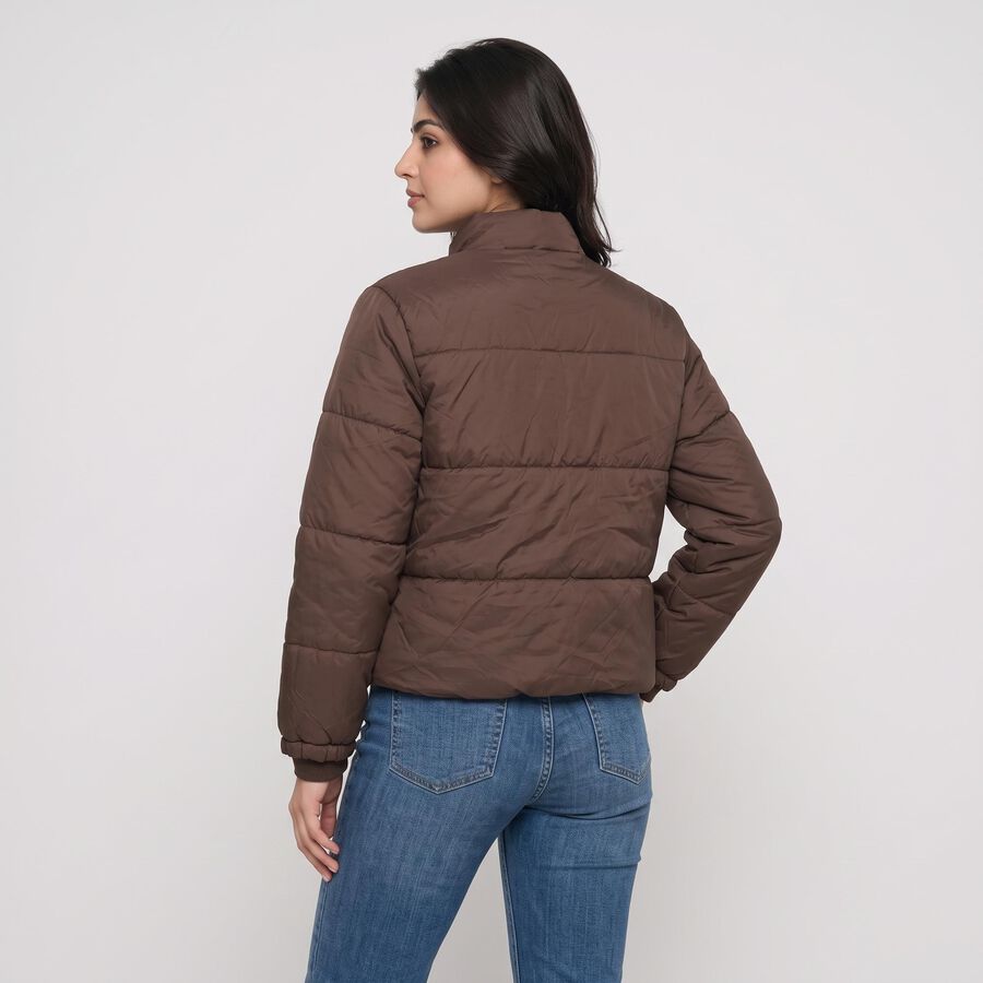 Women's Brown Stand Collar Puffer Jacket, Brown, large