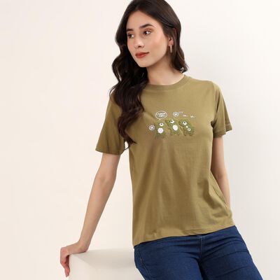 Women's Olive Cotton Round Neck Casual T-Shirt