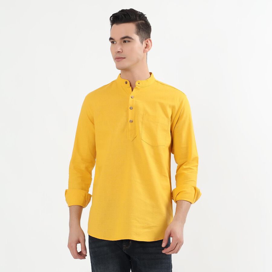 Men's Bright Mustard Yellow Cotton Mandarin Collar Solid Kurta, Mustard, large image number null