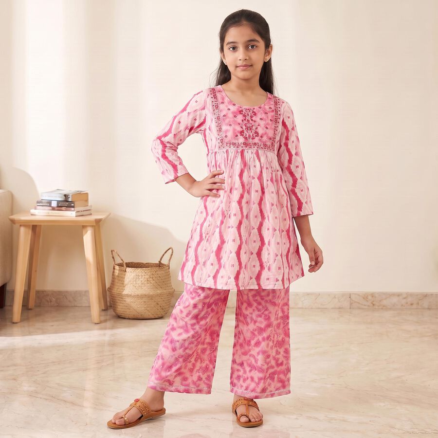 Girls Pink Round Neck Fusion Set Upper and Bottom Set, Pink, large