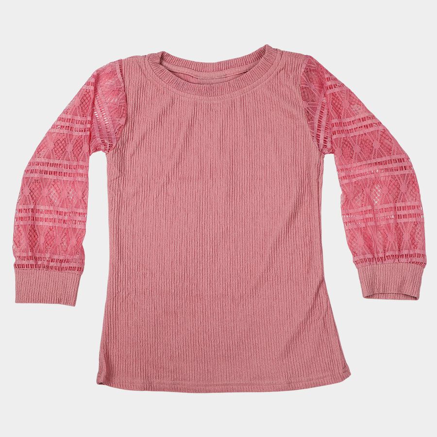 Girls Pink Round Neck Regular Top, गुलाबी, large