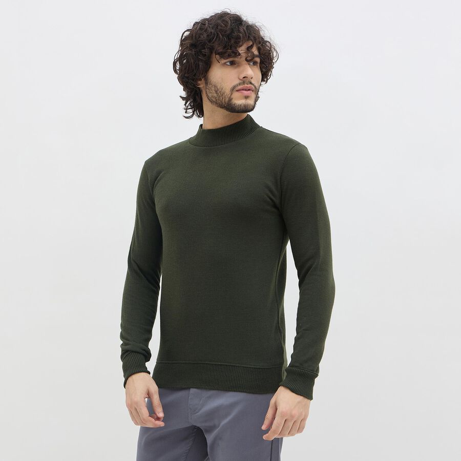 Men's Dark Olive Green Mock Neck Slim Fit Pullover, Dark Green, large image number null