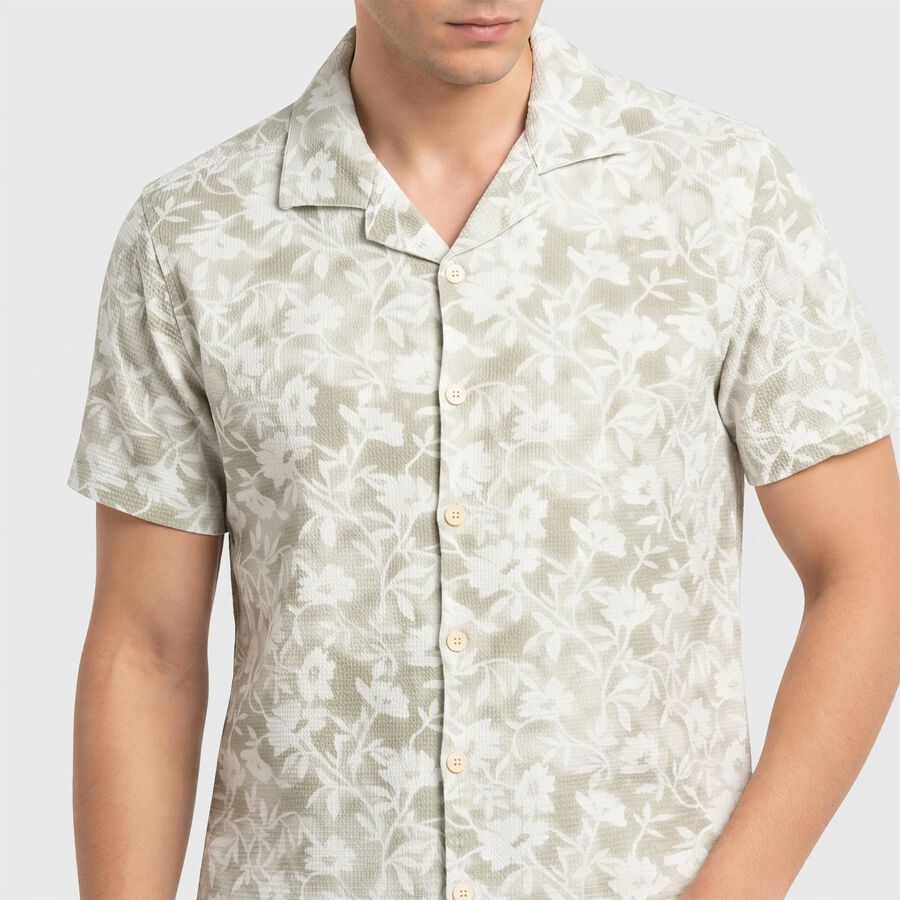 Men's Mint Green Floral Camp Collar Casual Shirt, Light Green, large