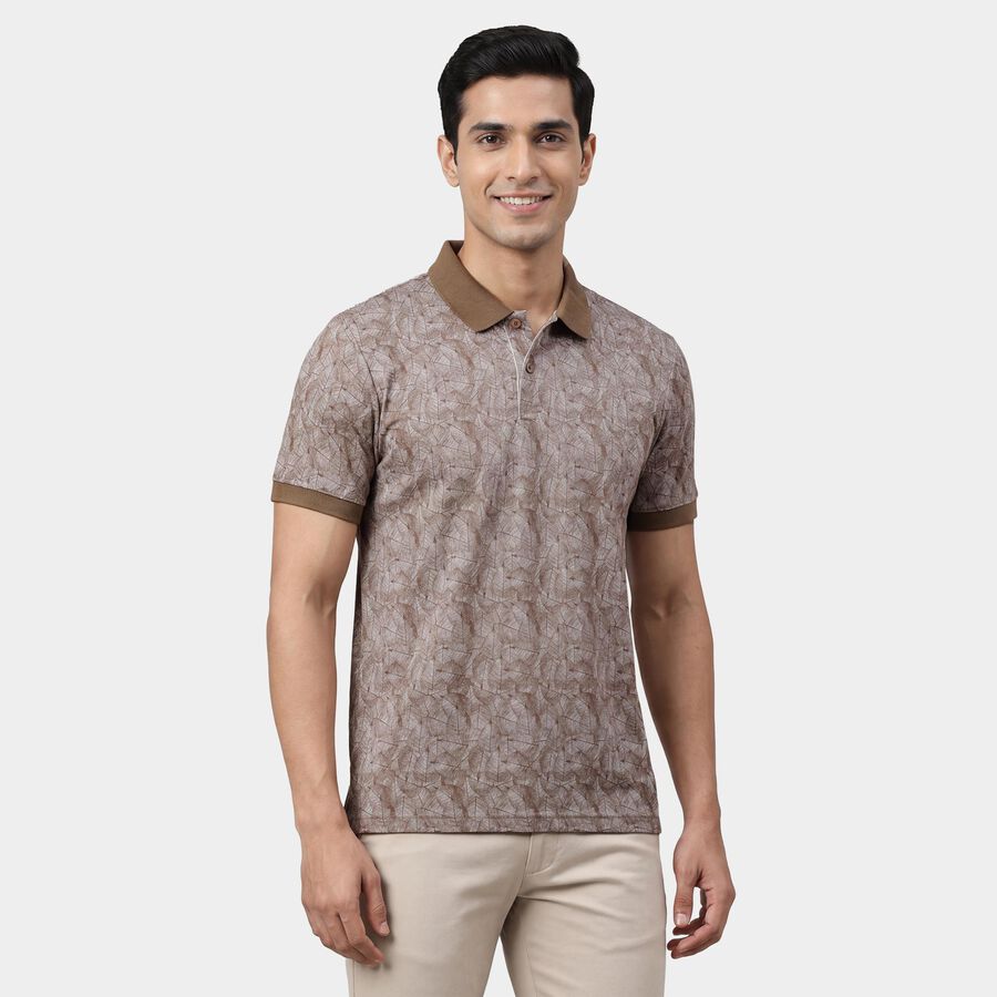 Men's Beige Cotton Polo Neck Classic T-Shirt, Beige, large