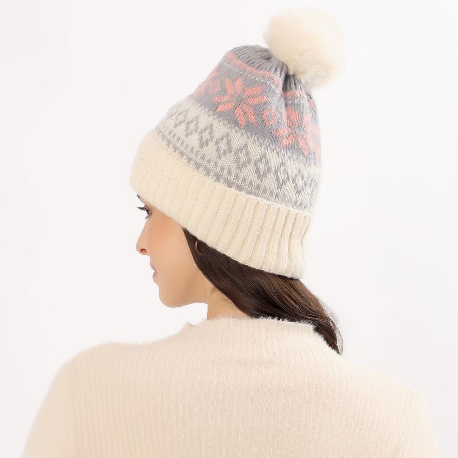 Women's Cream and Grey Snowflake Knitted Beanie Cap, Off White, large image number null