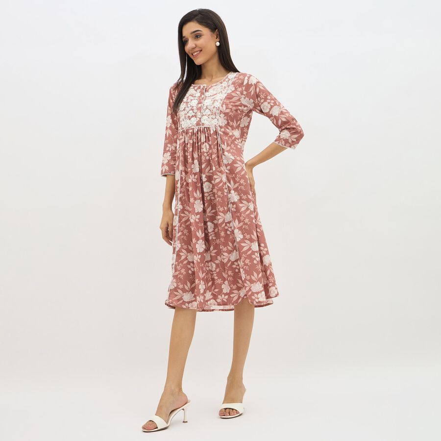 Women's Dusty Rose Pink Cotton Round Neck Embroidered Kurta, Pink, large image number null