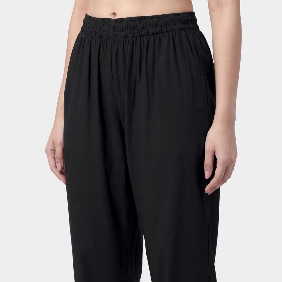 Women's Black Straight-Fit Lace Hem Cotton Palazzos, काला, large